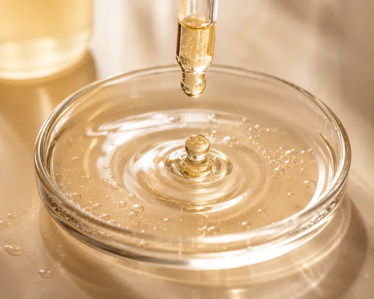 Panthenol serum drop rippling in a dish